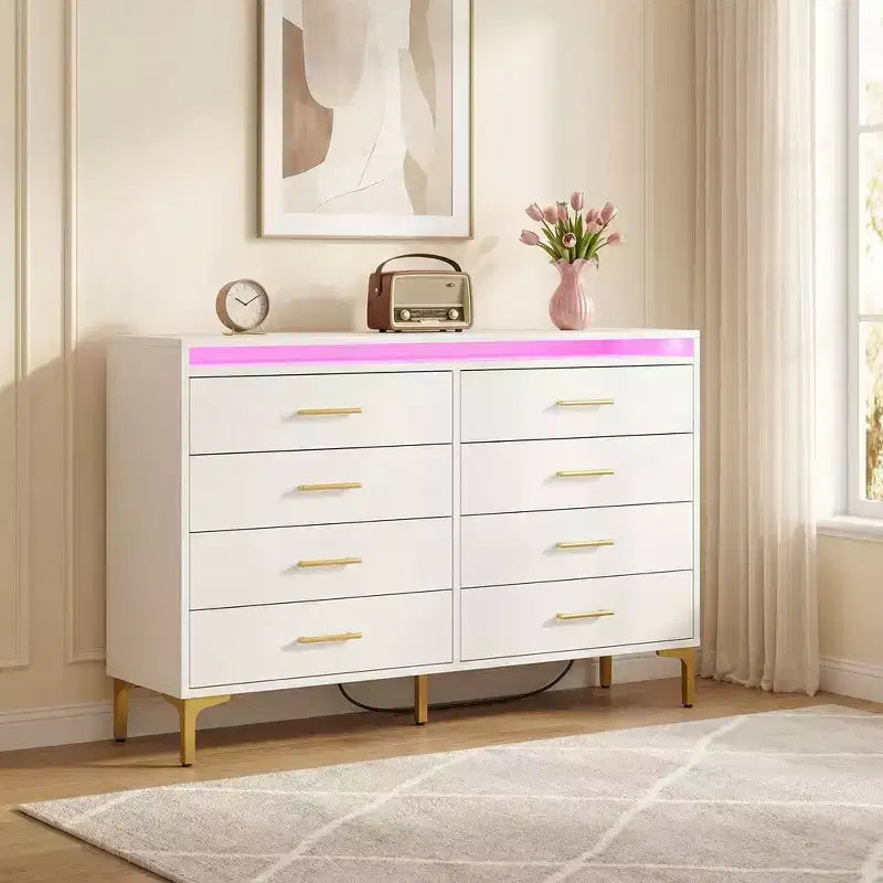 Commode moderne à 8 tiroirs avec lumières LED et station de charge, organisateur en bois avec étagère ouverte pour chambre à coucher, salon, entrée