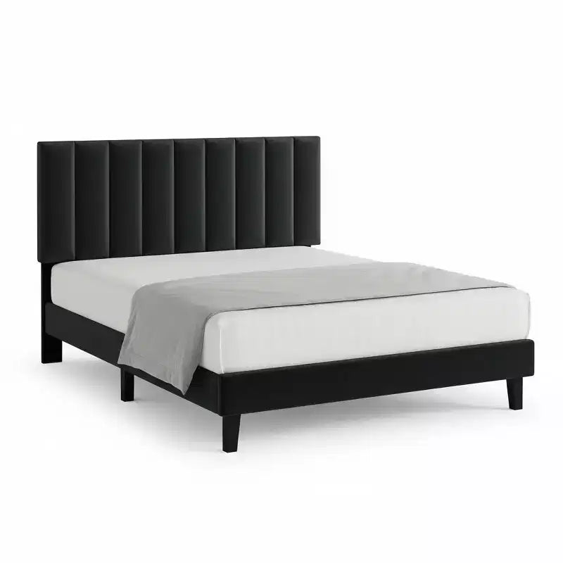 Lit plateforme rembourré avec tête de lit capitonnée réglable – Cadre de lit Queen sans bruit, lattes en bois robustes, aucun sommier tapissier requis – Disponible en format double