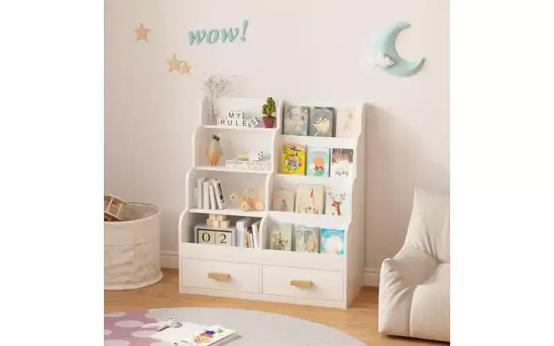 Kids Bookshelf with 2 Storage Drawers, Front-Facing Bookcase and Toy Organizer, White