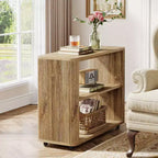Table d'appoint étroite Lantine, Table d'appoint à 3 niveaux avec étagères de rangement, Table de chevet de style ferme pour chambre à coucher, salon, petits espaces, canapé, couleur naturelle