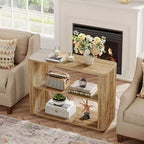 Table d'appoint étroite Lantine, Table d'appoint à 3 niveaux avec étagères de rangement, Table de chevet de style ferme pour chambre à coucher, salon, petits espaces, canapé, couleur naturelle