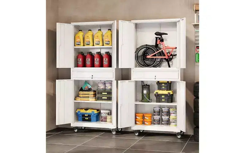 DEXYLLO Armoire de rangement de garage en métal avec portes verrouillables et étagères flexibles, armoire à outils roulante avec tiroir pour garage, entrepôt, maison, blanc