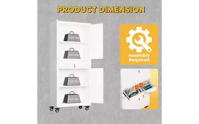 DEXYLLO Armoire de rangement de garage en métal avec portes verrouillables et étagères flexibles, armoire à outils roulante avec tiroir pour garage, entrepôt, maison, blanc