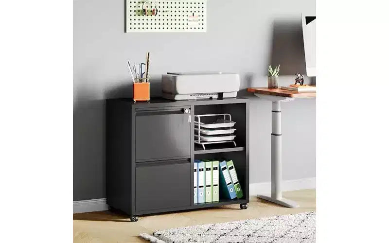 DEXYLLO Classeur Métallique à Tiroirs Latéraux avec Serrure, Meuble d'Imprimante Roulant à 2 Tiroirs avec Étagère, Meuble de Rangement Mobile pour Bureau à Domicile