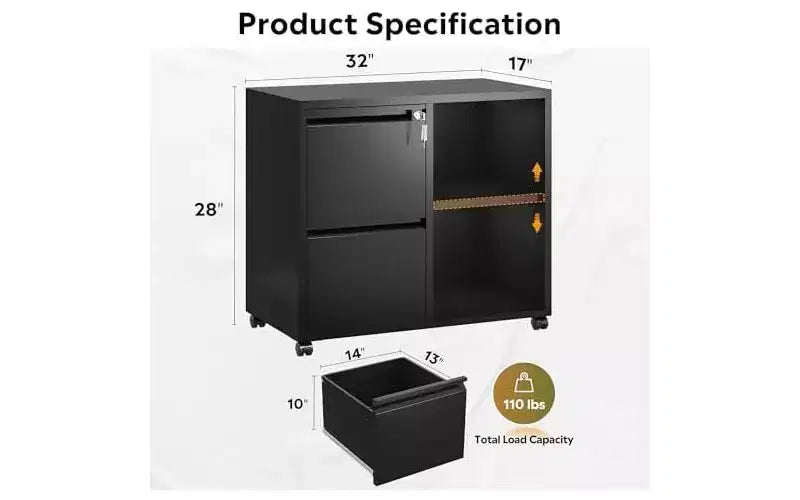 DEXYLLO Classeur Métallique à Tiroirs Latéraux avec Serrure, Meuble d'Imprimante Roulant à 2 Tiroirs avec Étagère, Meuble de Rangement Mobile pour Bureau à Domicile