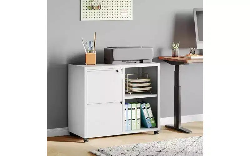 DEXYLLO Classeur Métallique à Tiroirs Latéraux avec Serrure, Meuble d'Imprimante Roulant à 2 Tiroirs avec Étagère, Meuble de Rangement Mobile pour Bureau à Domicile