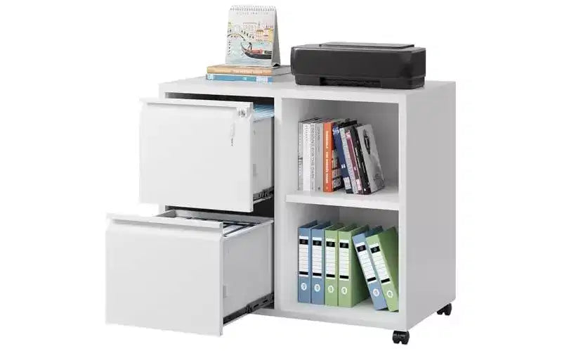 DEXYLLO Classeur Métallique à Tiroirs Latéraux avec Serrure, Meuble d'Imprimante Roulant à 2 Tiroirs avec Étagère, Meuble de Rangement Mobile pour Bureau à Domicile