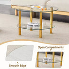 Table basse contemporaine minimaliste à double plateau en verre trempé de 27,5 pouces, pieds en acier inoxydable plaqué or avec rangement