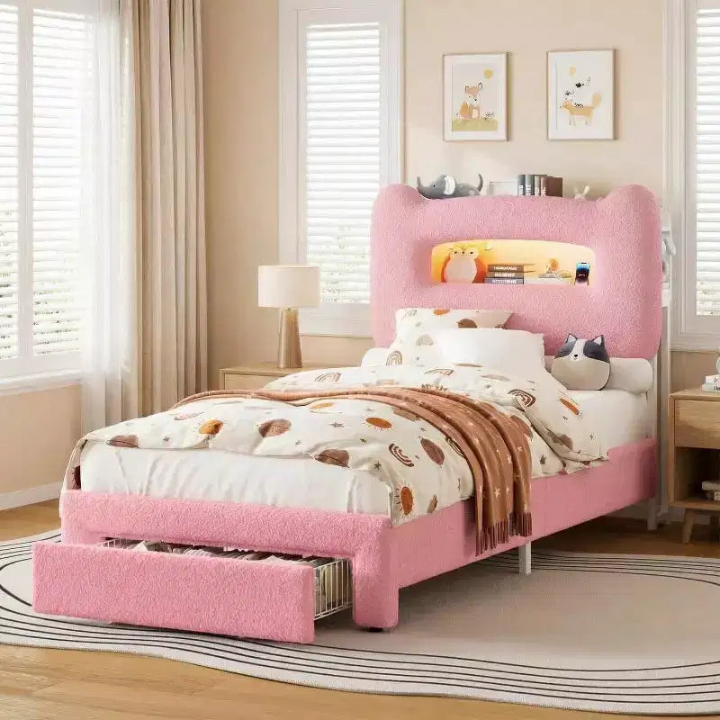 GustoWave Twin Size Kids Bed Frame with LED Lights, Storage Headboard & Drawer, Pink