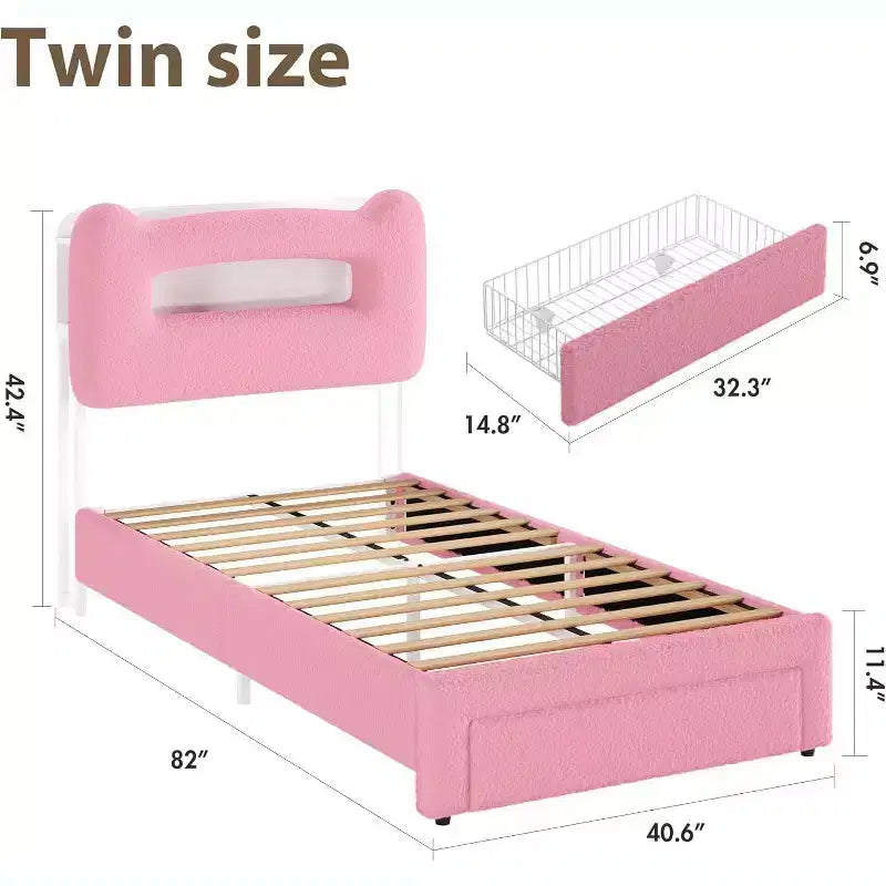 Cadre de lit enfant une place GustoWave avec lumières LED, tête de lit de rangement et tiroir, rose