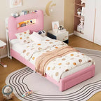 Cadre de lit enfant une place GustoWave avec lumières LED, tête de lit de rangement et tiroir, rose
