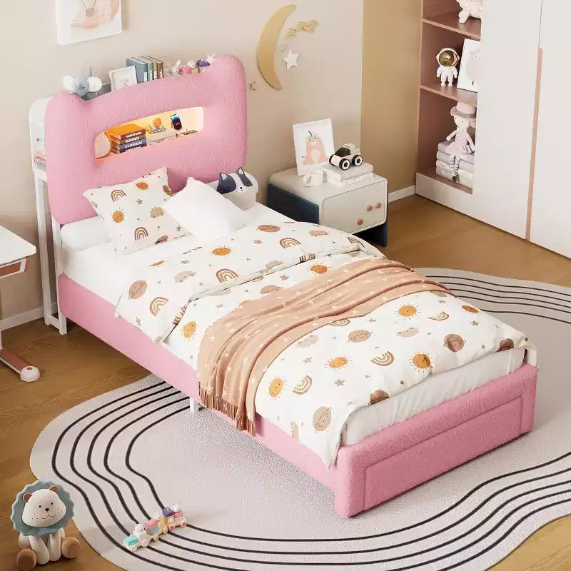 Cadre de lit enfant une place GustoWave avec lumières LED, tête de lit de rangement et tiroir, rose