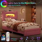 Cadre de lit enfant une place GustoWave avec lumières LED, tête de lit de rangement et tiroir, rose