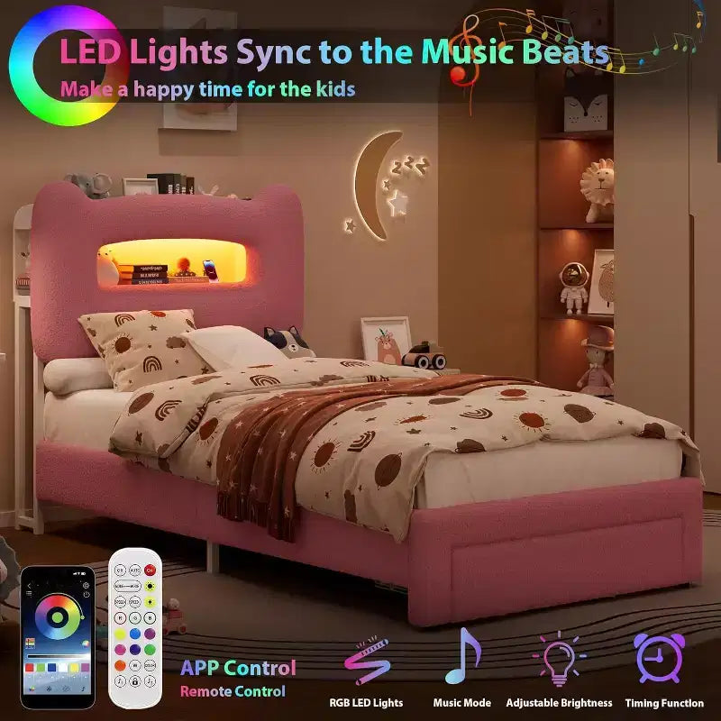 Cadre de lit enfant une place GustoWave avec lumières LED, tête de lit de rangement et tiroir, rose