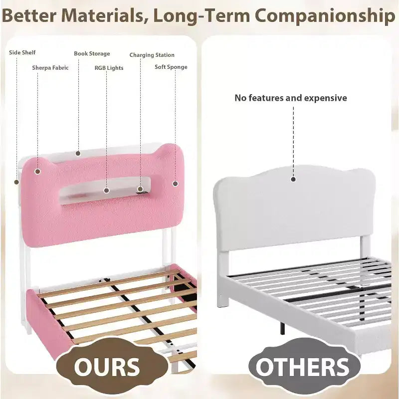 Cadre de lit enfant une place GustoWave avec lumières LED, tête de lit de rangement et tiroir, rose