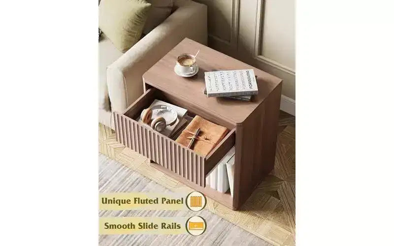 Table de chevet DEXYLLO, table de nuit en bois avec tiroir de rangement et étagère ouverte, table de chevet cannelée pour chambre à coucher, table de chevet de style Mid-Century