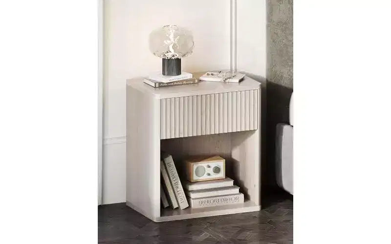 Table de chevet DEXYLLO, table de nuit en bois avec tiroir de rangement et étagère ouverte, table de chevet cannelée pour chambre à coucher, table de chevet de style Mid-Century