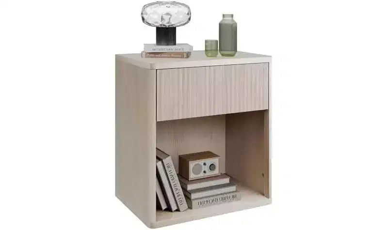 Table de chevet DEXYLLO, table de nuit en bois avec tiroir de rangement et étagère ouverte, table de chevet cannelée pour chambre à coucher, table de chevet de style Mid-Century