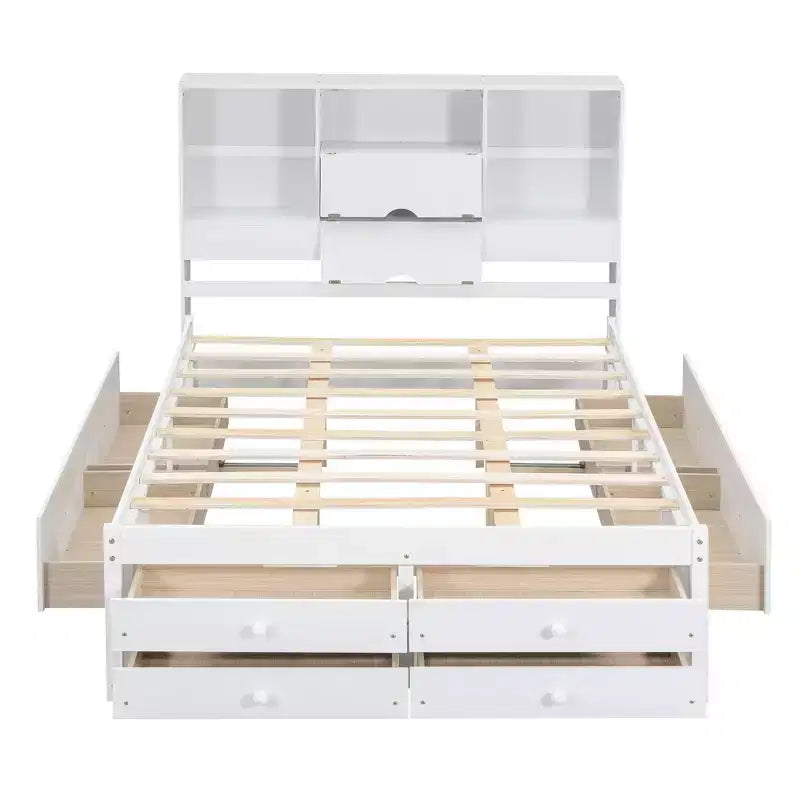Lit plateforme queen size FAMYYT avec étagère de rangement et 8 tiroirs, facile à monter
