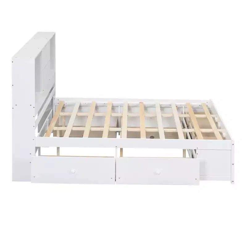 Lit plateforme queen size FAMYYT avec étagère de rangement et 8 tiroirs, facile à monter