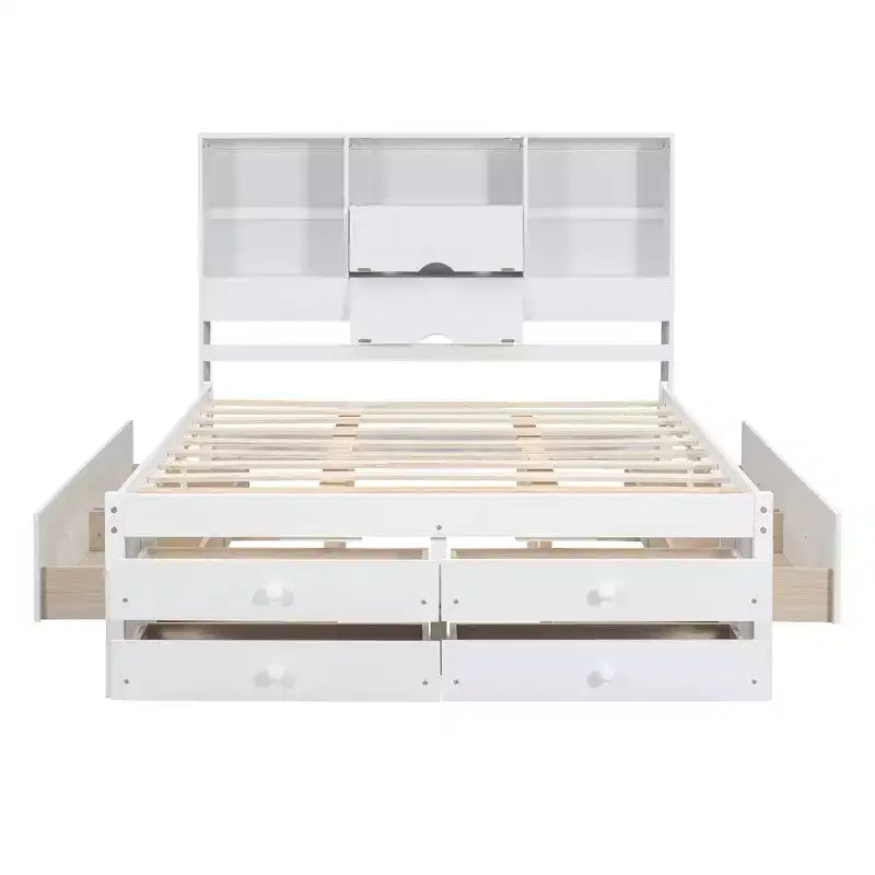 Lit plateforme queen size FAMYYT avec étagère de rangement et 8 tiroirs, facile à monter