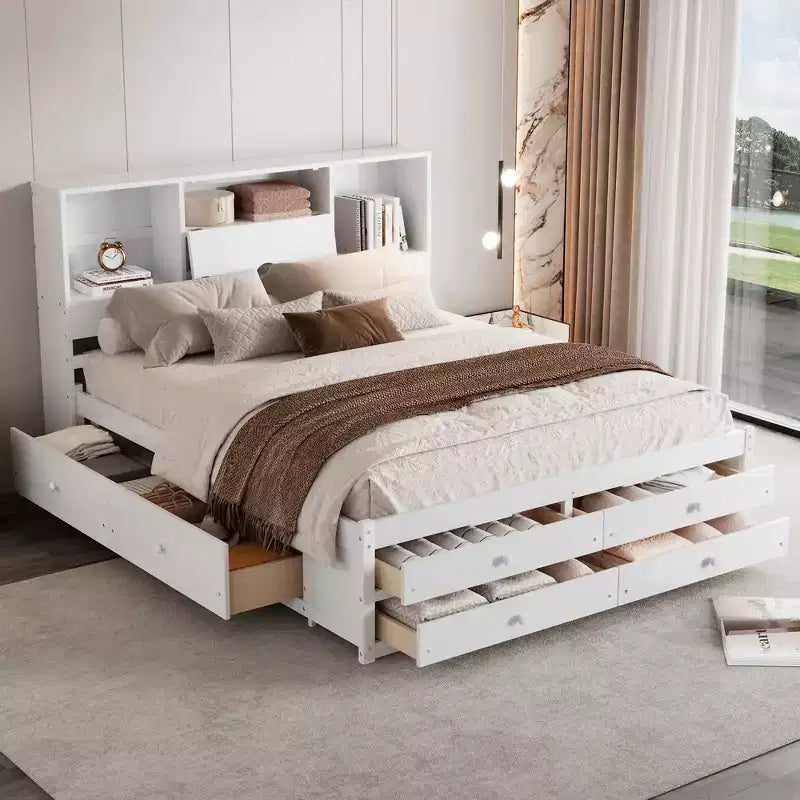 Lit plateforme queen size FAMYYT avec étagère de rangement et 8 tiroirs, facile à monter