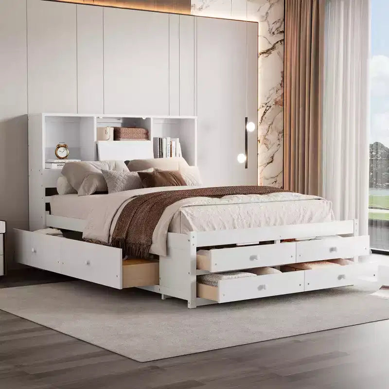 Lit plateforme queen size FAMYYT avec étagère de rangement et 8 tiroirs, facile à monter