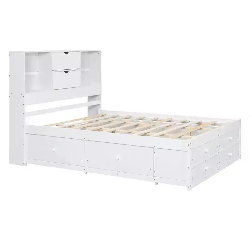 Lit plateforme queen size FAMYYT avec étagère de rangement et 8 tiroirs, facile à monter