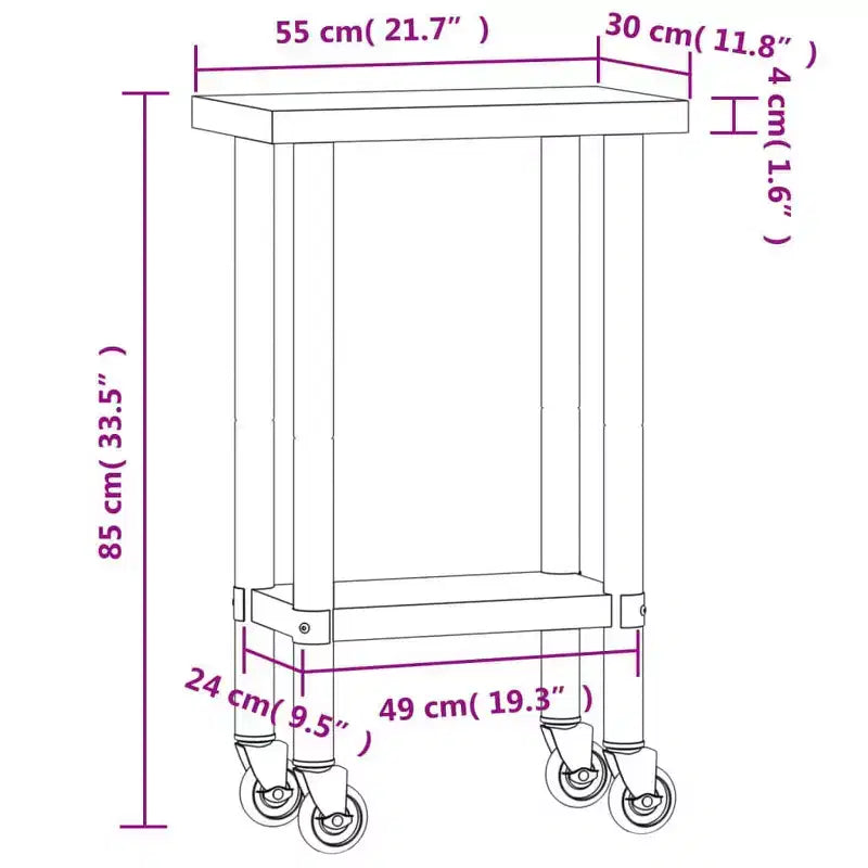 vidaXL Table de travail de cuisine à roulettes 32,5x11,8x33,5 Acier inoxydable