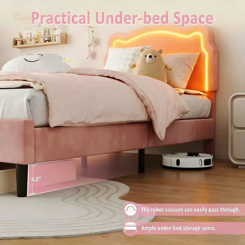 Cadre de lit simple rembourré à LED avec tête de lit pour enfants