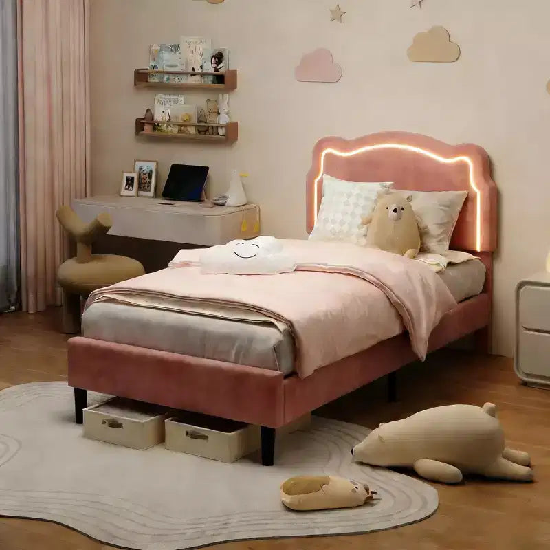 Cadre de lit simple rembourré à LED avec tête de lit pour enfants
