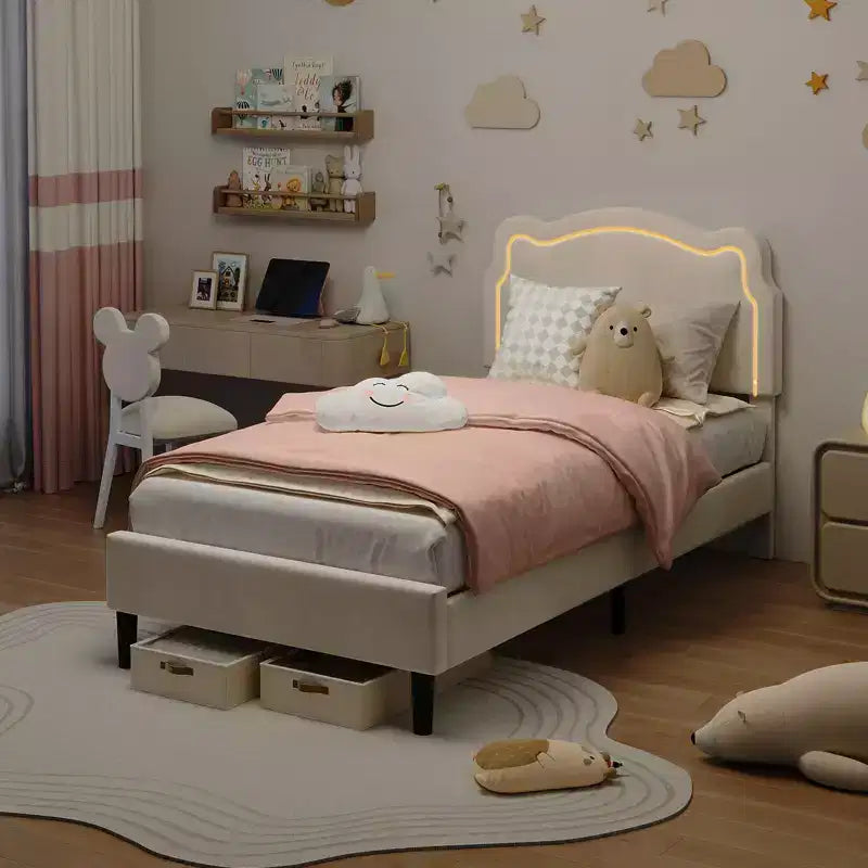 Cadre de lit simple rembourré à LED avec tête de lit pour enfants