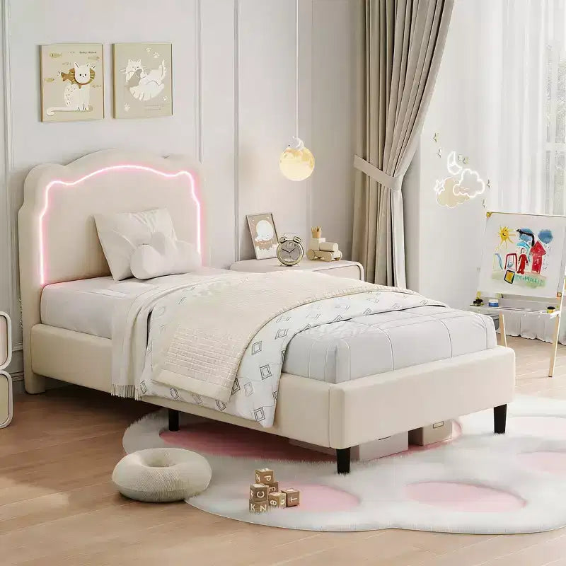Cadre de lit simple rembourré à LED avec tête de lit pour enfants
