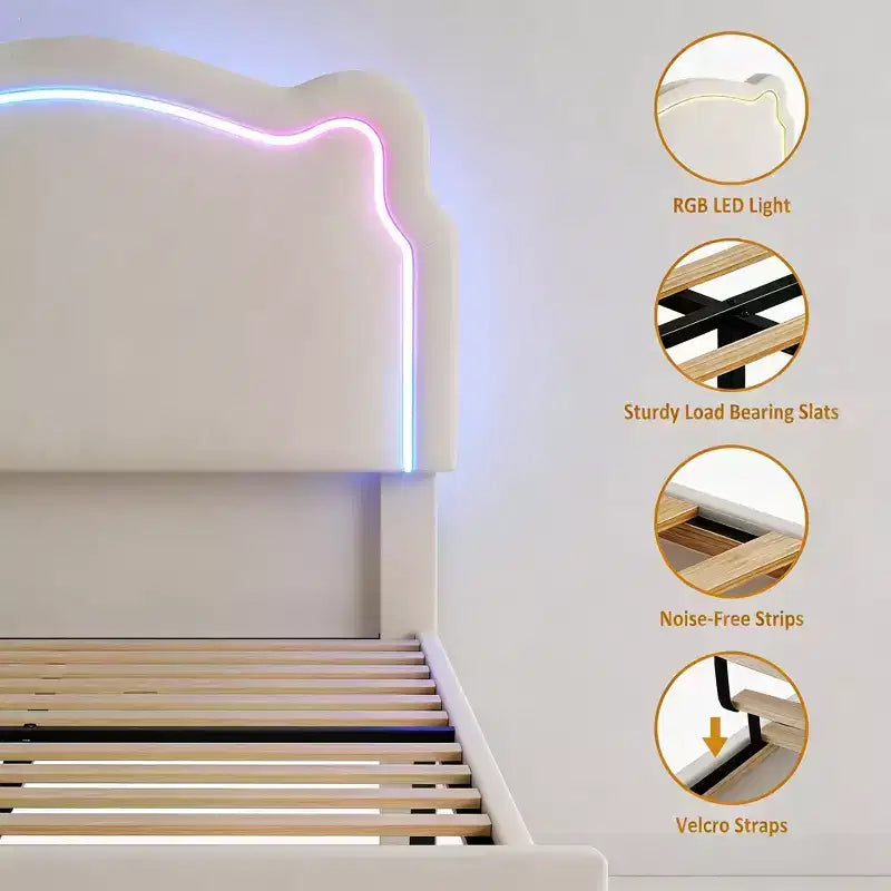 Cadre de lit simple rembourré à LED avec tête de lit pour enfants