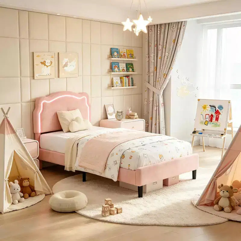 Cadre de lit simple rembourré à LED avec tête de lit pour enfants