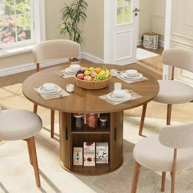 Table à manger ronde moderne de 120 cm pour 4 avec étagère de rangement à 2 niveaux et porte coulissante en bois, table de cuisine et de salle à manger peu encombrante pour appartement