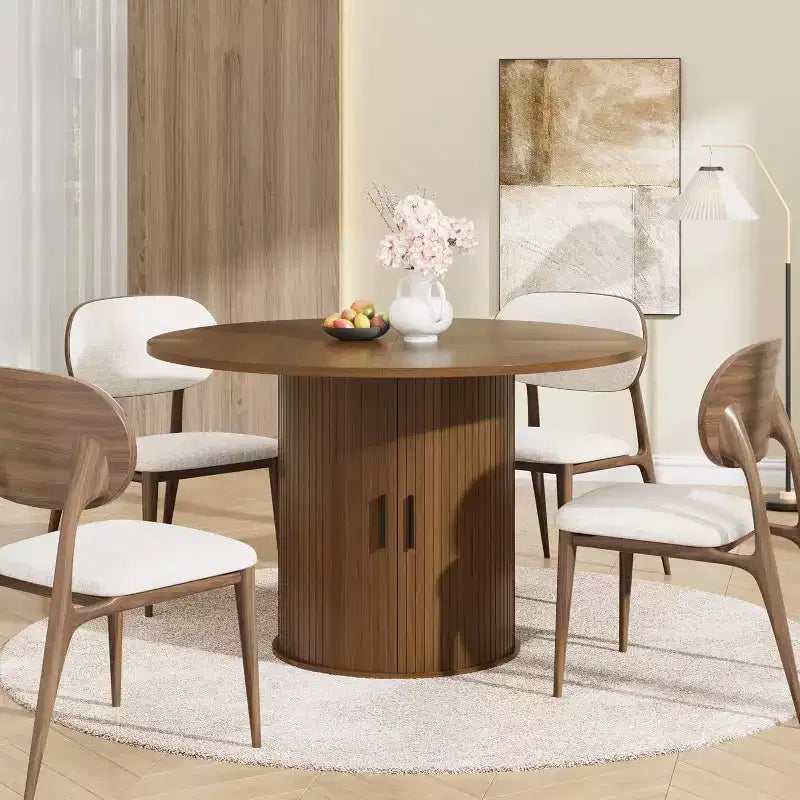 Table à manger ronde moderne de 120 cm pour 4 avec étagère de rangement à 2 niveaux et porte coulissante en bois, table de cuisine et de salle à manger peu encombrante pour appartement