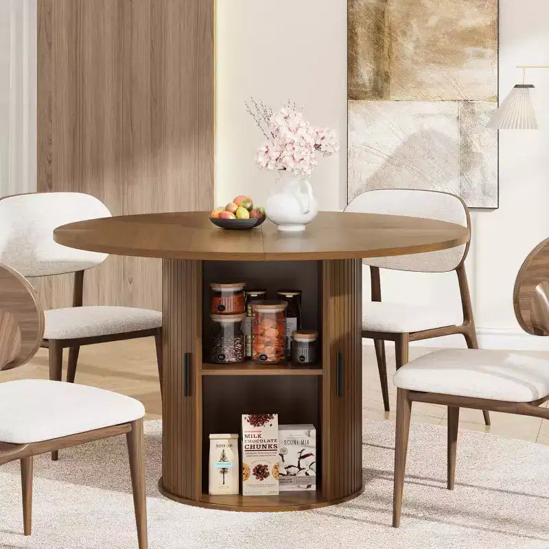 Table à manger ronde moderne de 120 cm pour 4 avec étagère de rangement à 2 niveaux et porte coulissante en bois, table de cuisine et de salle à manger peu encombrante pour appartement