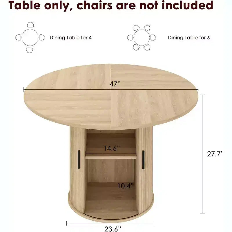Table à manger ronde moderne de 120 cm pour 4 avec étagère de rangement à 2 niveaux et porte coulissante en bois, table de cuisine et de salle à manger peu encombrante pour appartement