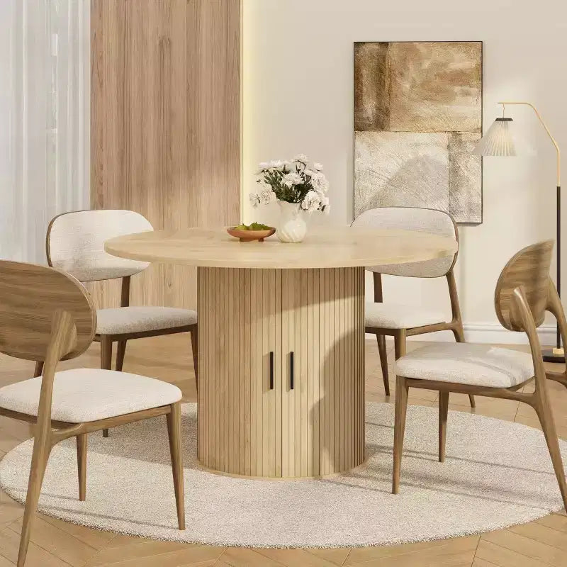 Table à manger ronde moderne de 120 cm pour 4 avec étagère de rangement à 2 niveaux et porte coulissante en bois, table de cuisine et de salle à manger peu encombrante pour appartement