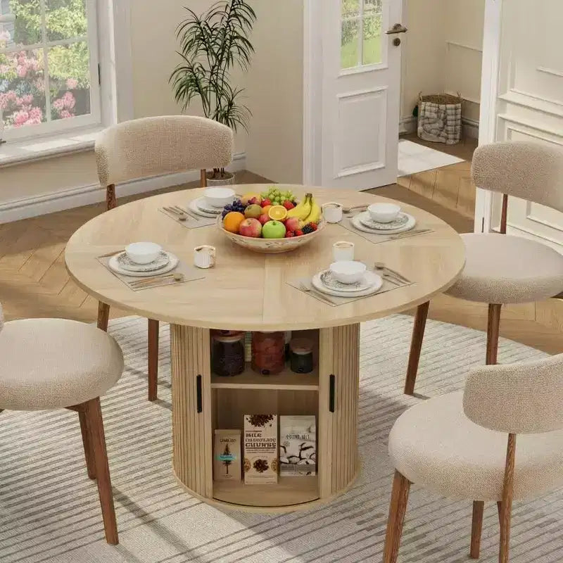 Table à manger ronde moderne de 120 cm pour 4 avec étagère de rangement à 2 niveaux et porte coulissante en bois, table de cuisine et de salle à manger peu encombrante pour appartement
