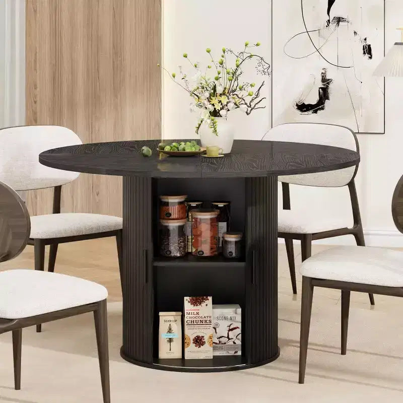 Table à manger ronde moderne de 120 cm pour 4 avec étagère de rangement à 2 niveaux et porte coulissante en bois, table de cuisine et de salle à manger peu encombrante pour appartement