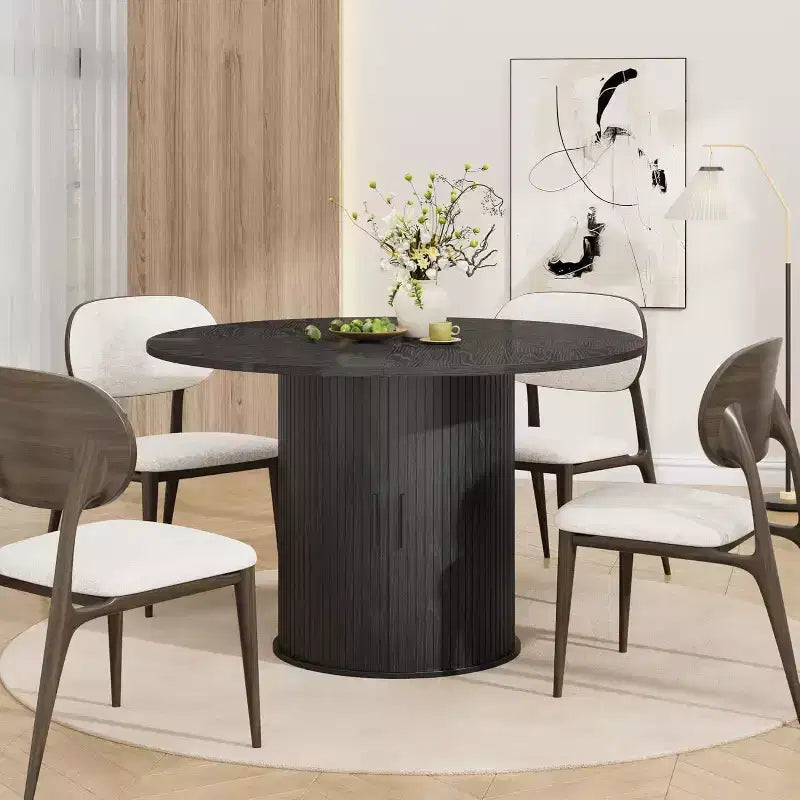 Table à manger ronde moderne de 120 cm pour 4 avec étagère de rangement à 2 niveaux et porte coulissante en bois, table de cuisine et de salle à manger peu encombrante pour appartement