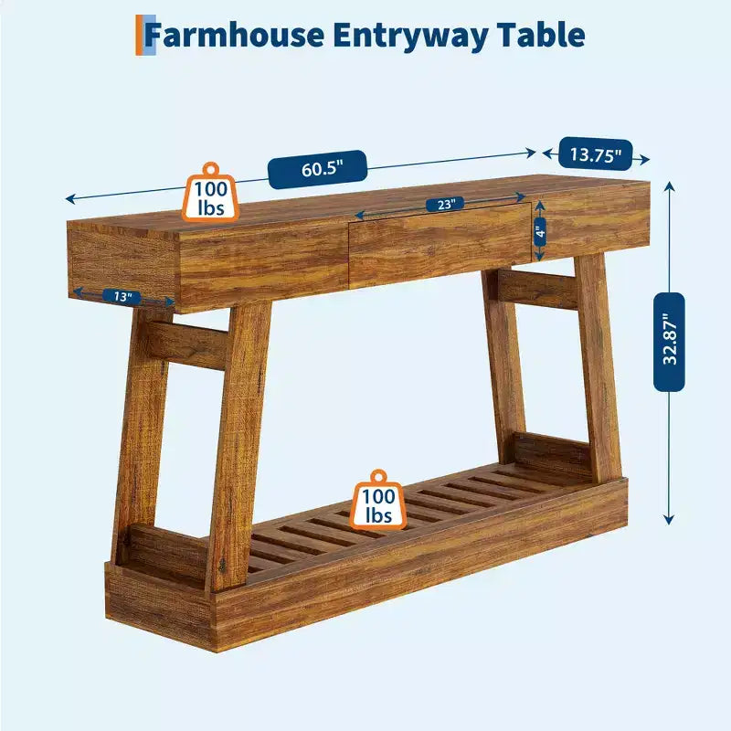 Console étroite de 60 pouces de style rustique avec tiroir, table d'appoint de canapé en bois avec étagère de rangement inférieure, pour salon, couloir, derrière le canapé