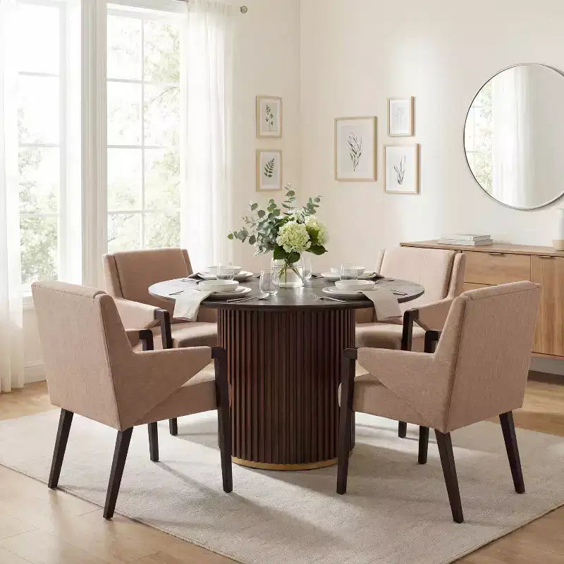 Christopher Knight Home Arvind Ensemble de salle à manger moderne 5 pièces en bois d'hévéa avec table ronde et tissu de lin