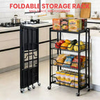 Chariot de Rangement de Cuisine Pliable à 3 Niveaux, Cadre et Étagères en Fer, Organisateur de Garde-Manger Gain de Place pour Fruits, Collations, Chariot de Service avec Roulettes Verrouillables