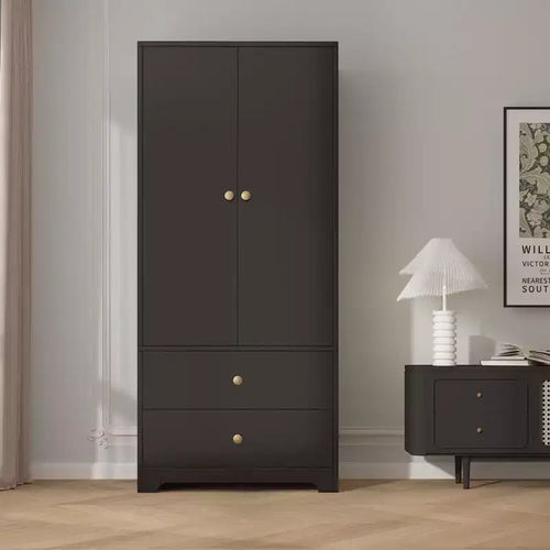 Armoire de chambre moderne en bois de 180 cm avec 2 portes, 2 tiroirs, étagères réglables, armoire de rangement pour vêtements et tringle à vêtements