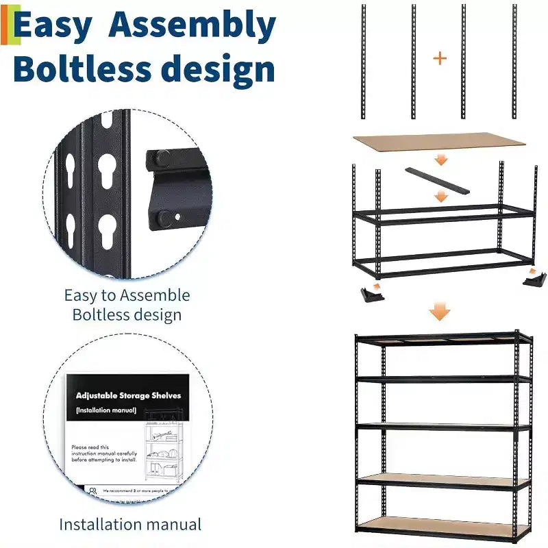 Étagère de Rangement de Garage Robuste à 5 Niveaux, Unité d'Étagères Métalliques Réglables, Capacité de 1134 kg, 122 x 46 x 183 cm, Cadre en Acier Sans Boulons, Panneaux MDF