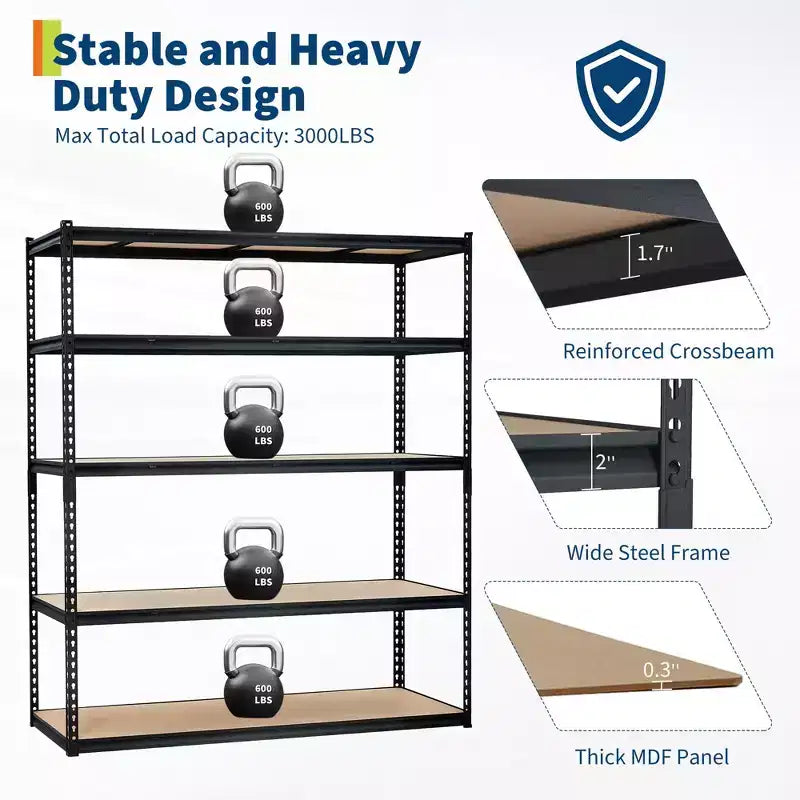 Étagère de Rangement de Garage Robuste à 5 Niveaux, Unité d'Étagères Métalliques Réglables, Capacité de 1134 kg, 122 x 46 x 183 cm, Cadre en Acier Sans Boulons, Panneaux MDF