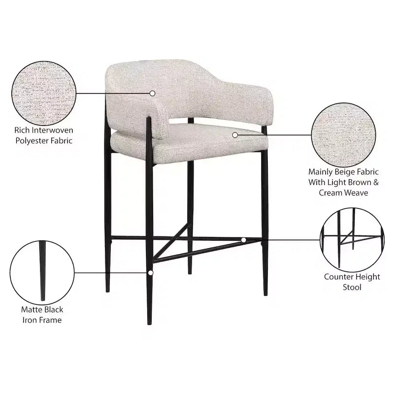 Tabouret de comptoir en tissu rembourré Meridian Furniture Dame, ensemble de 2